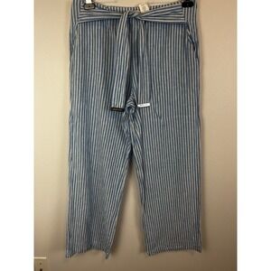 Michael Kors Pants Womens 10 Blue White Striped Tie-Waist Linen Cotton Wide Leg